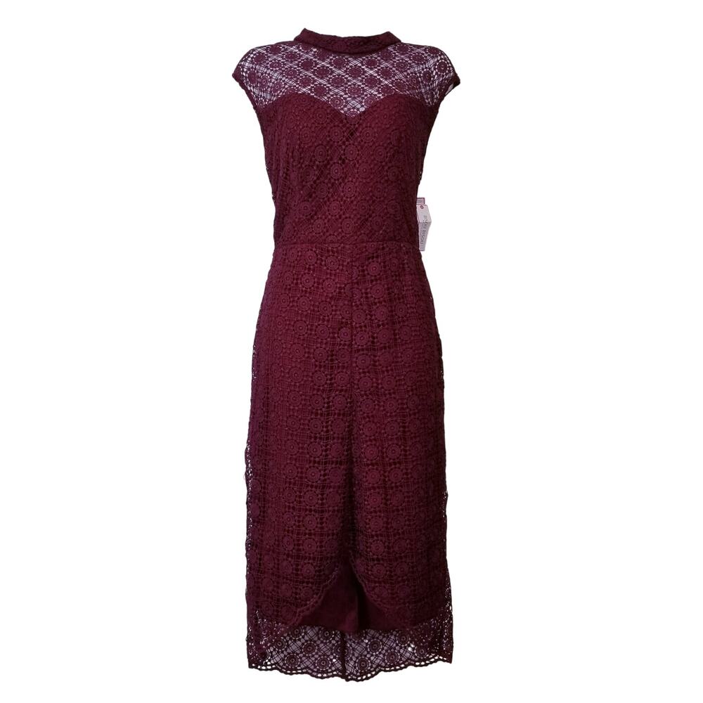 Bisou Bisou Lace Midi Dress Illusion Mock Neck Party Cocktail Work